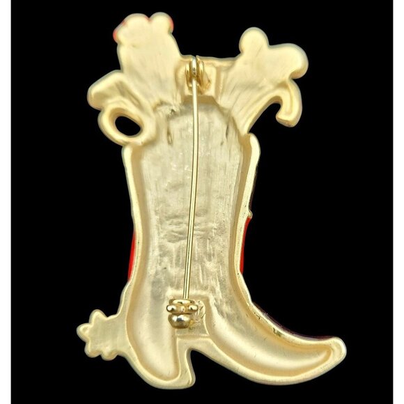 Vintage Christmas Cowboy Boot Brooch Pin Cat & Gifts Gold-Tone Enamel 2" - Picture 4 of 5